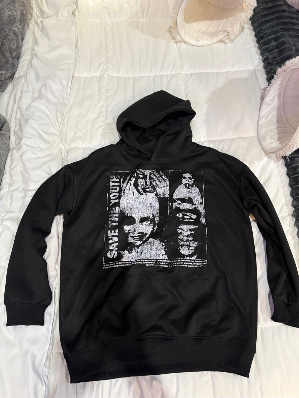 Enfants Riches Déprimés Black Graphic Pullover Hoodie with Distressed Photo Prin